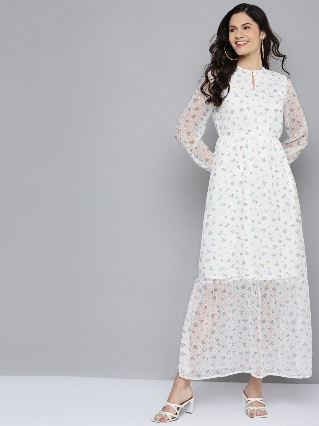 

SASSAFRAS White Floral Keyhole Neck Maxi Dress