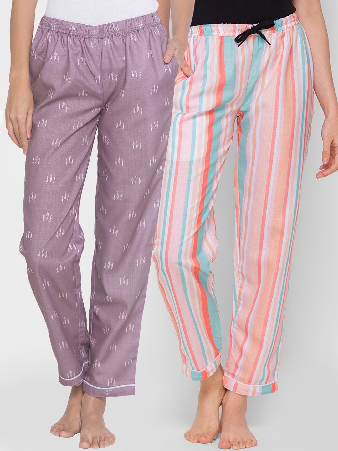 

FashionRack Women Purple and Orange Pack Of 2 Printed Cotton Lounge Pants