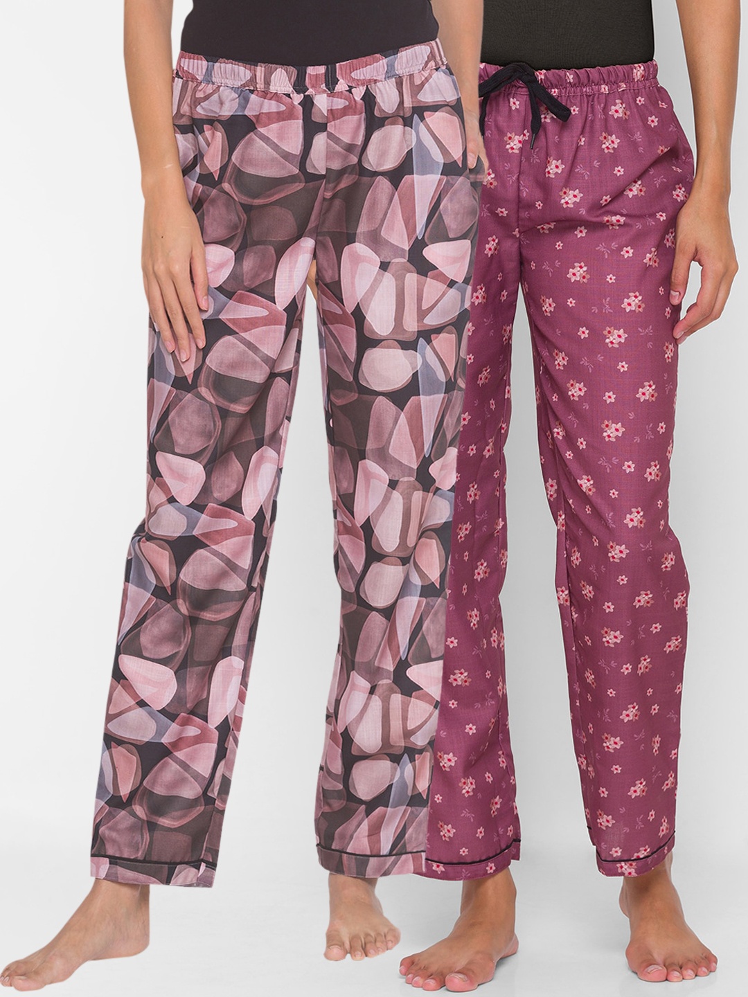

FashionRack Pack of 2 Peach & Purple Printed Cotton Lounge Pants, Black