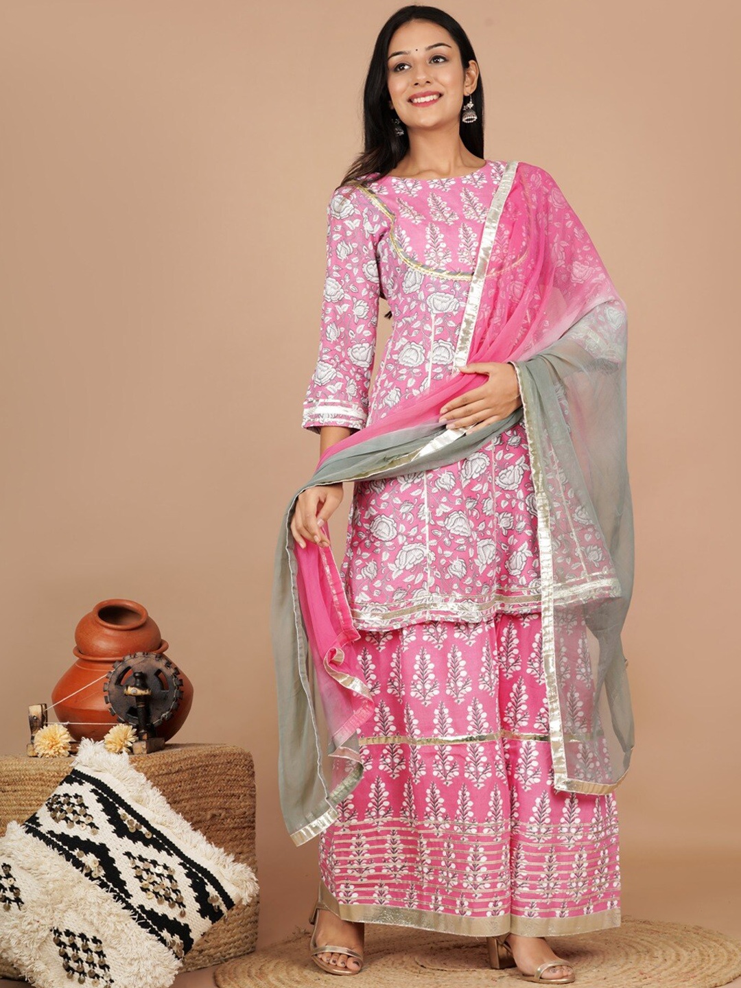 

UNISETS Women Pink Printed Anarkali Kurta with Palazzo & With Dupatta