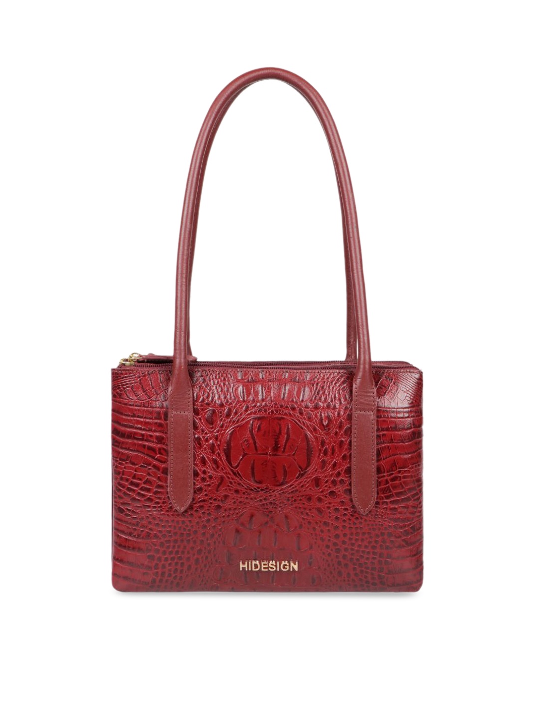 

Hidesign Red Animal Textured Leather Structured Satchel with Applique