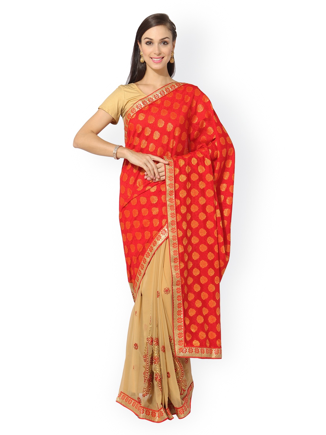 

Blissta Red & Beige Faux Georgette Woven Design Saree