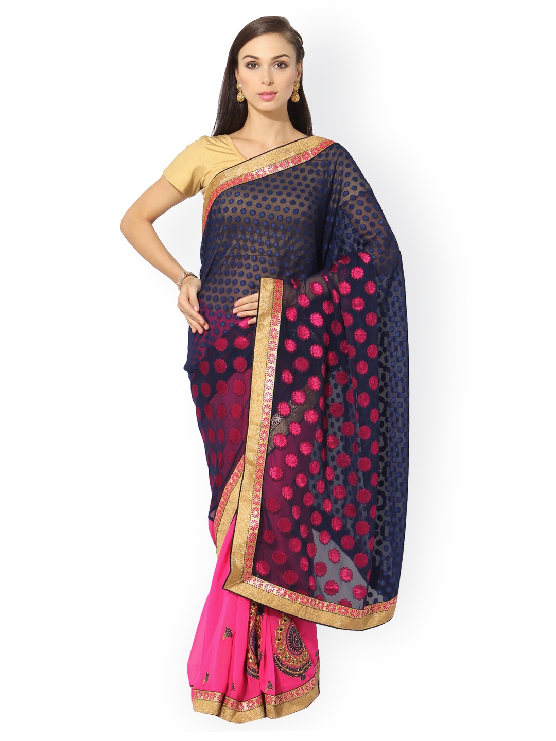 

Blissta Navy & Pink Faux Georgette Woven Design Saree, Navy blue