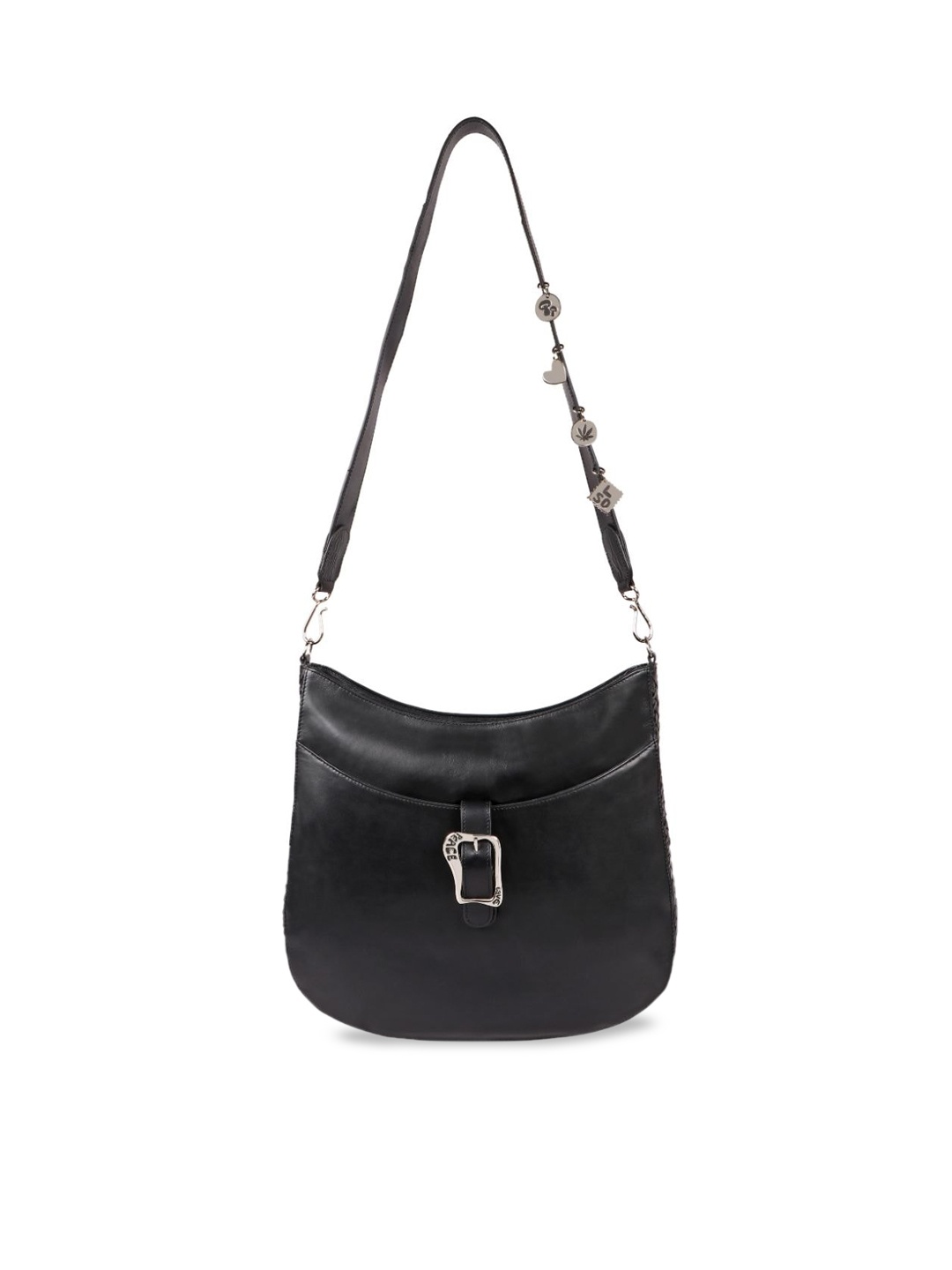 

Hidesign Black Leather Structured Hobo Bag with Tasselled