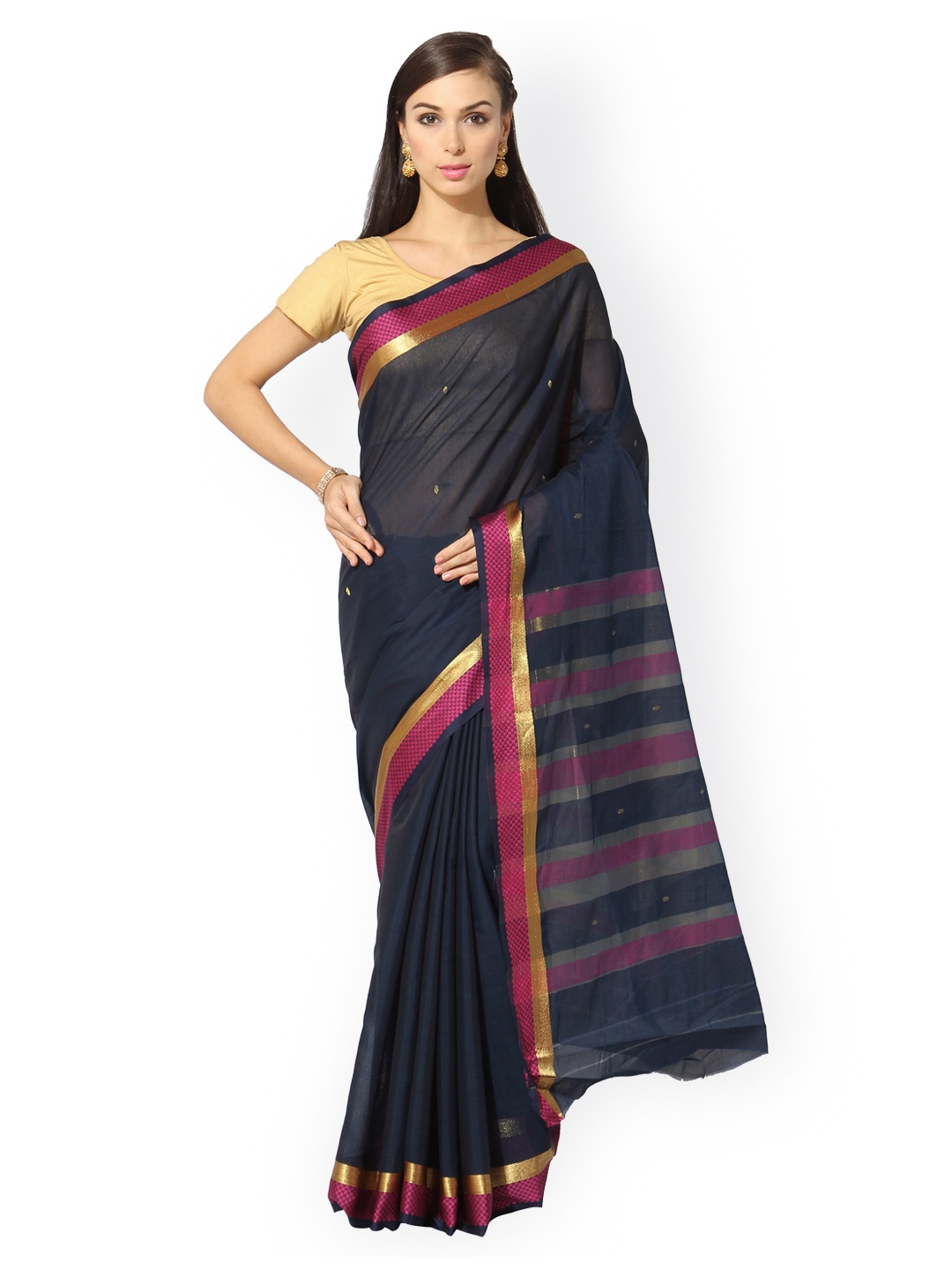 

Blissta Navy Blue Solid Cotton & Net Saree