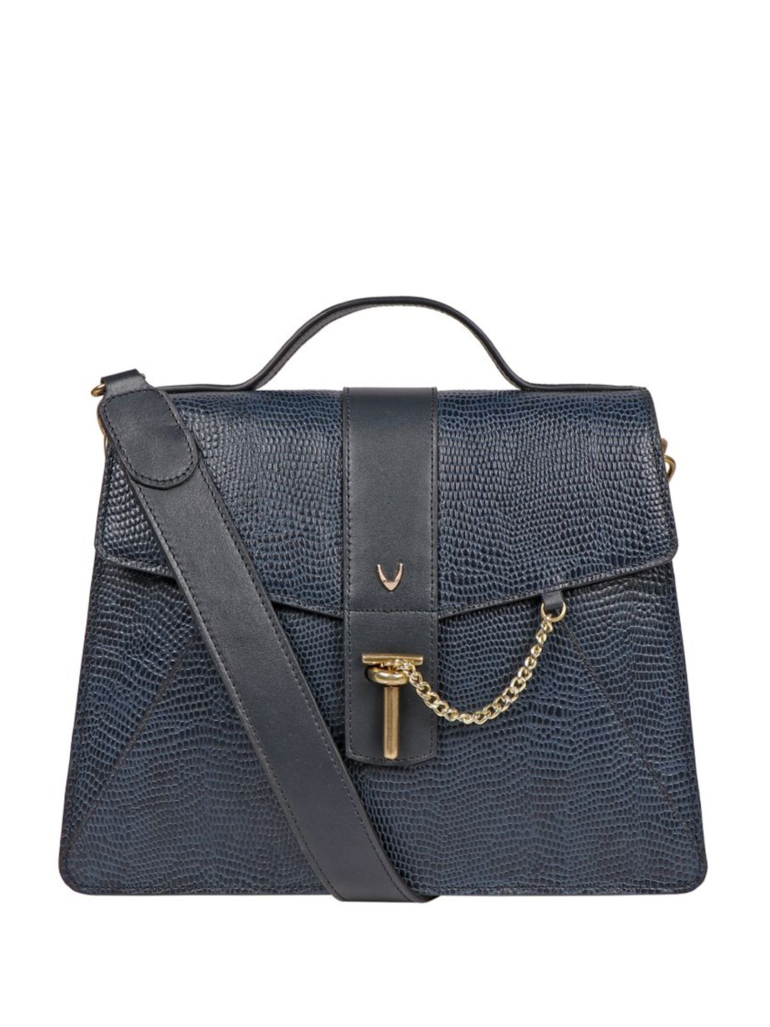 

Hidesign Blue Textured Leather Structured Satchel