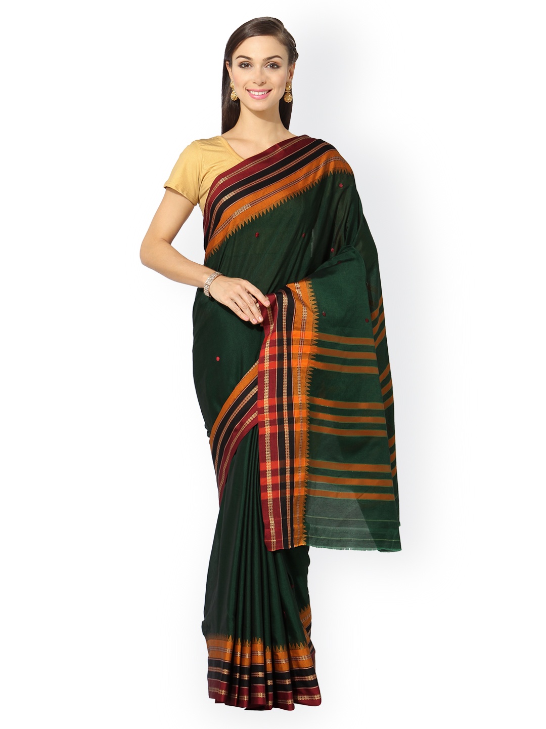 

Blissta Green Solid Cotton & Net Saree