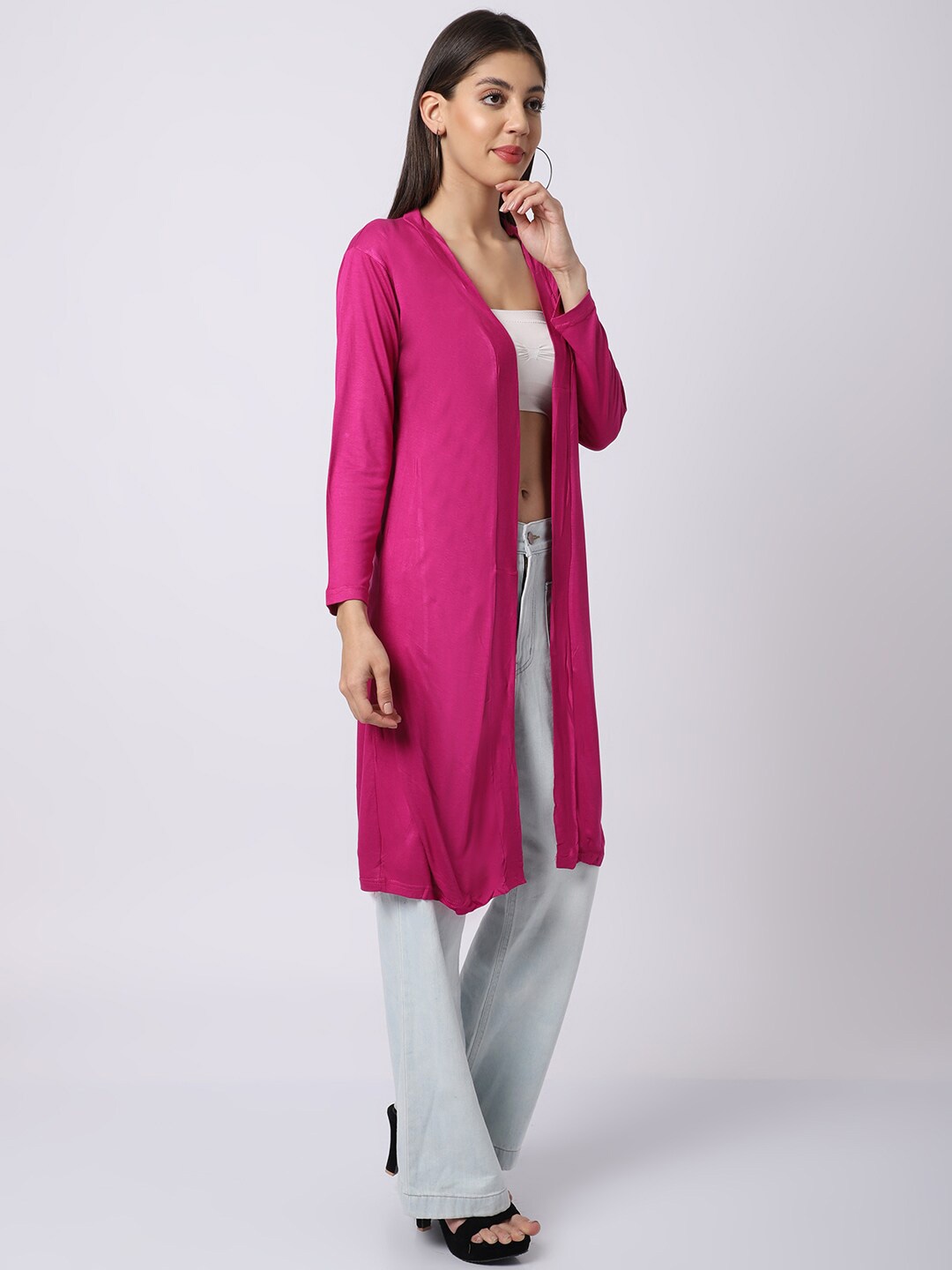 

UnaOne Women Pink Solid Longline Cotton Open Front Shrug