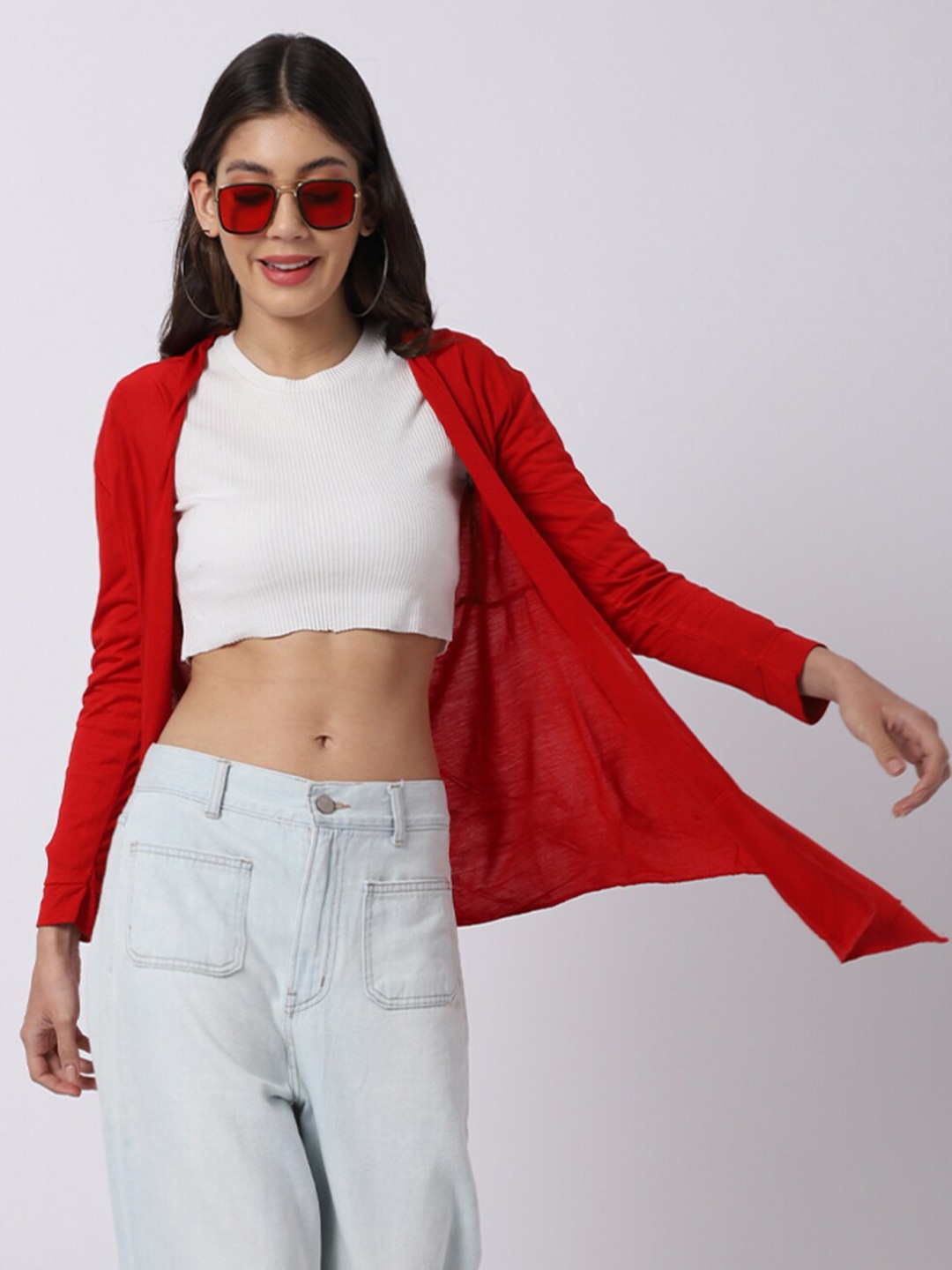 

UnaOne Women Red Solid Cotton Open Front Shrug