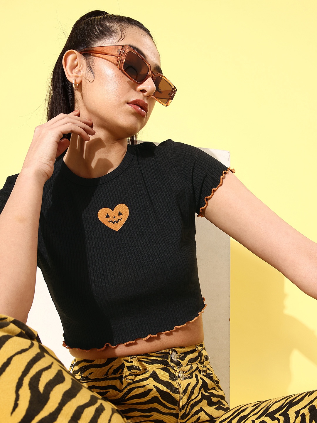 

4WRD by Dressberry Women Black Striped Applique Crop Top