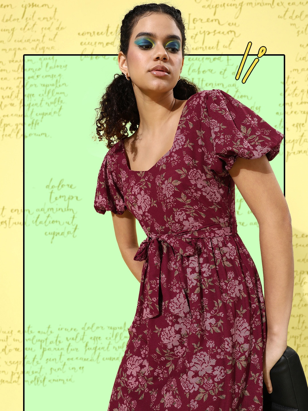

DressBerry Maroon & Green Floral Printed Puff Sleeves Midi Dress
