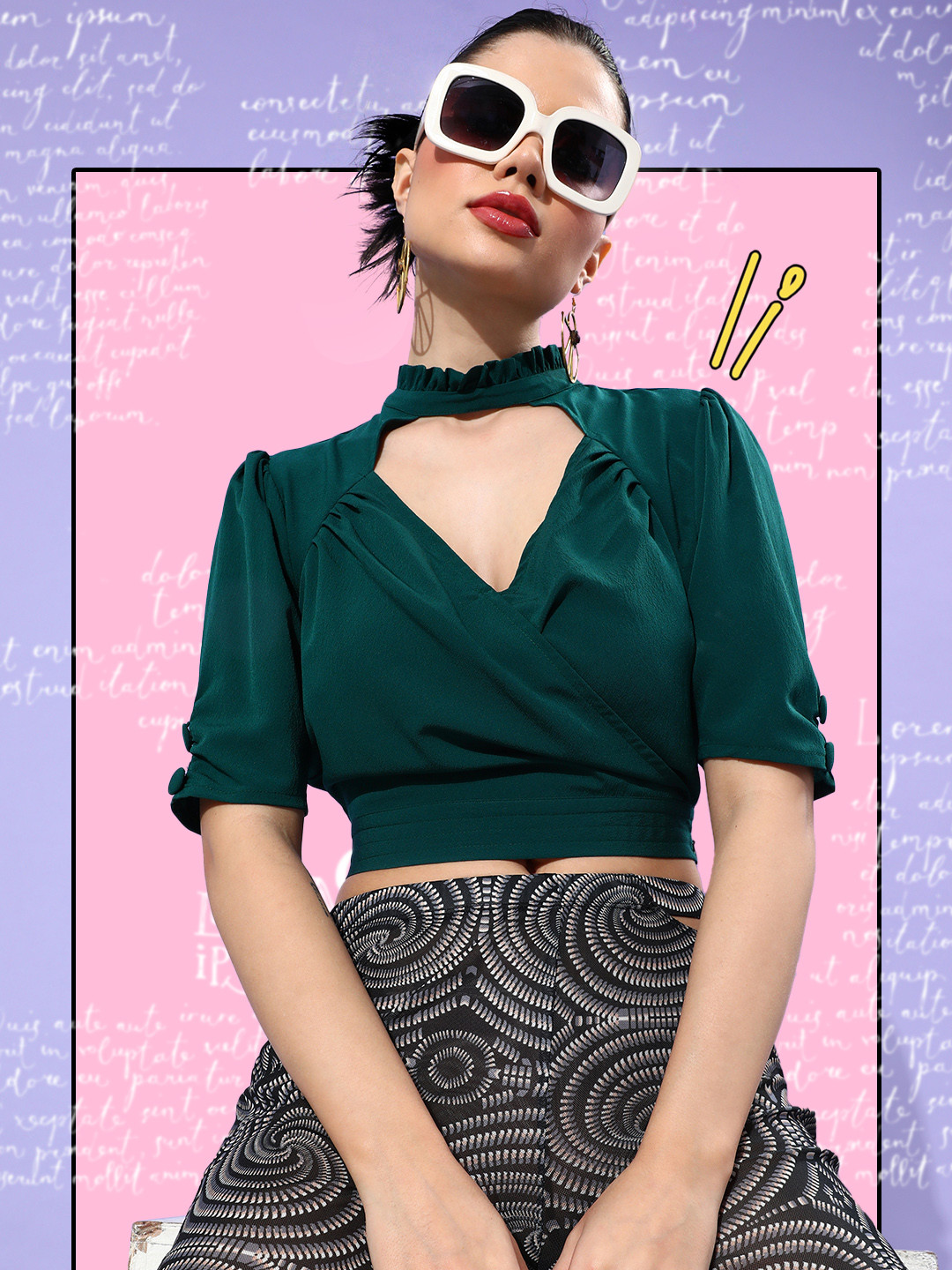 

4WRD by Dressberry Teal Green Solid Halter Neck Puff Sleeves Cut-Out Pleated Wrap Crop Top