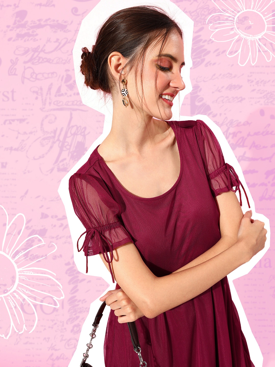 

4WRD by Dressberry Women Round Neck Puff Sleeves Fit & Flare Net Dress, Maroon