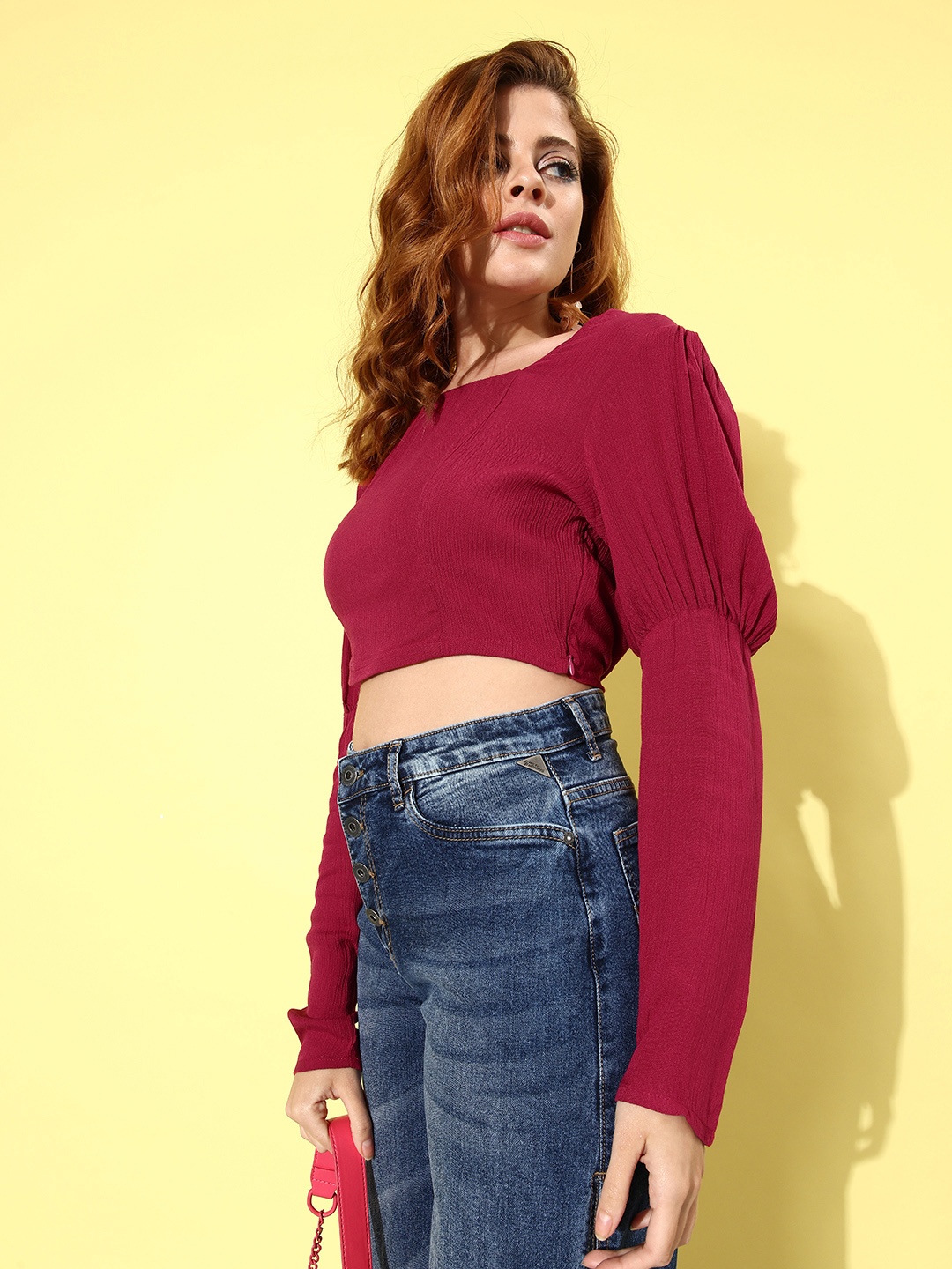 

DressBerry Glam Beetroot Pink Square Neck Solid Emo 2.0 Once Upon A Sleeve Crop Top