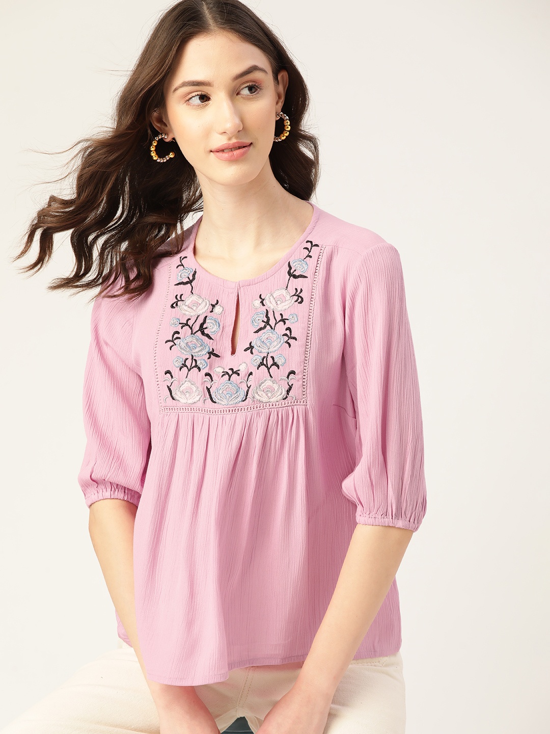 

DressBerry Floral Embroidered Keyhole Neck Top, Lavender