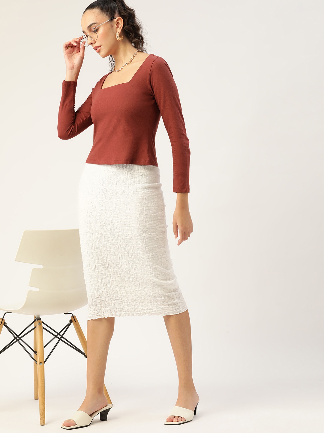 

DressBerry Women Rust Orange Solid Square Neck Pure Cotton Top