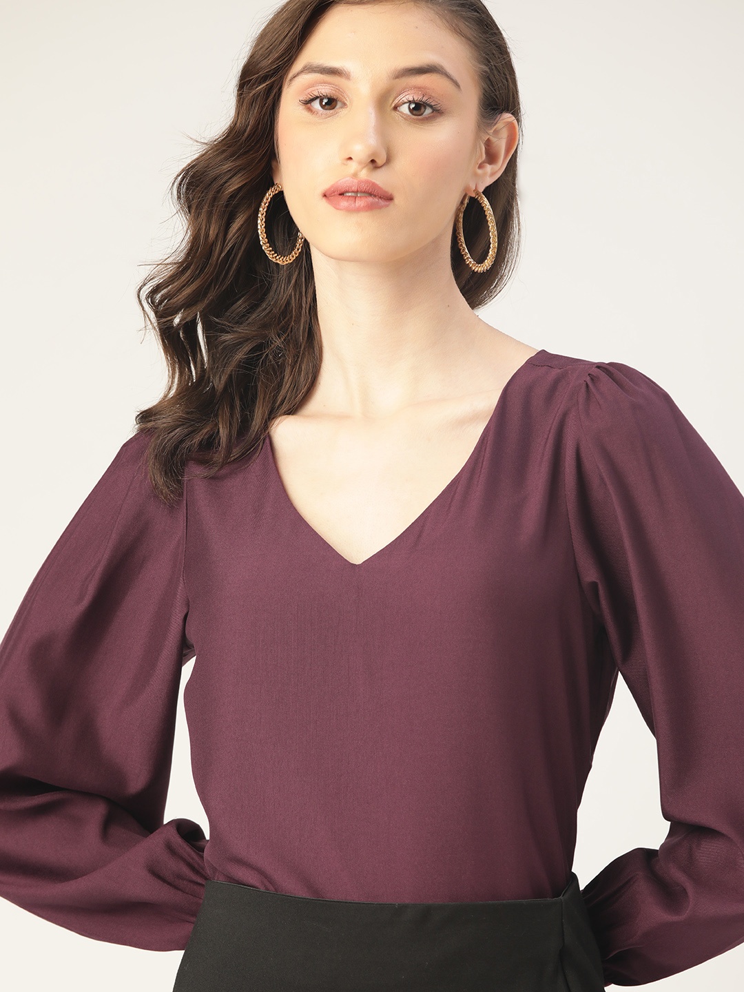 

DressBerry Women Burgundy Solid Bishop Sleeves V-Neck Regular Top