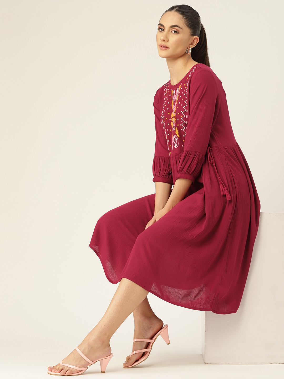 

DressBerry Red Floral Yoke Design A-Line Dress