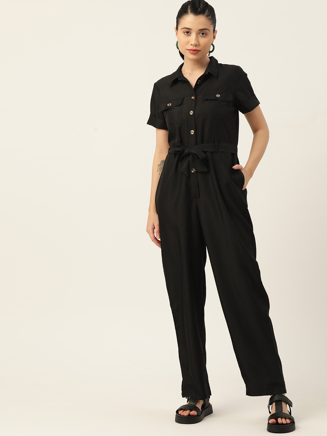 

DressBerry Black Solid Basic Jumpsuit With Tie-Up Belt