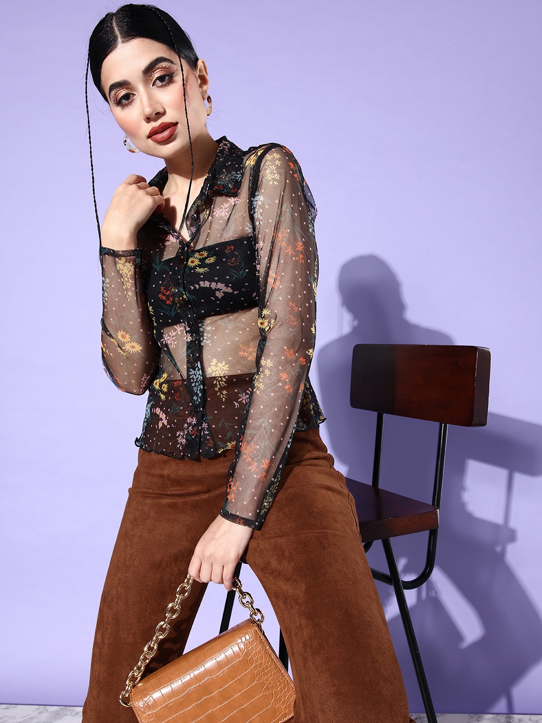 

DressBerry Glam Women Bold Black Floral Printed Such a Mesh Casual Shirt