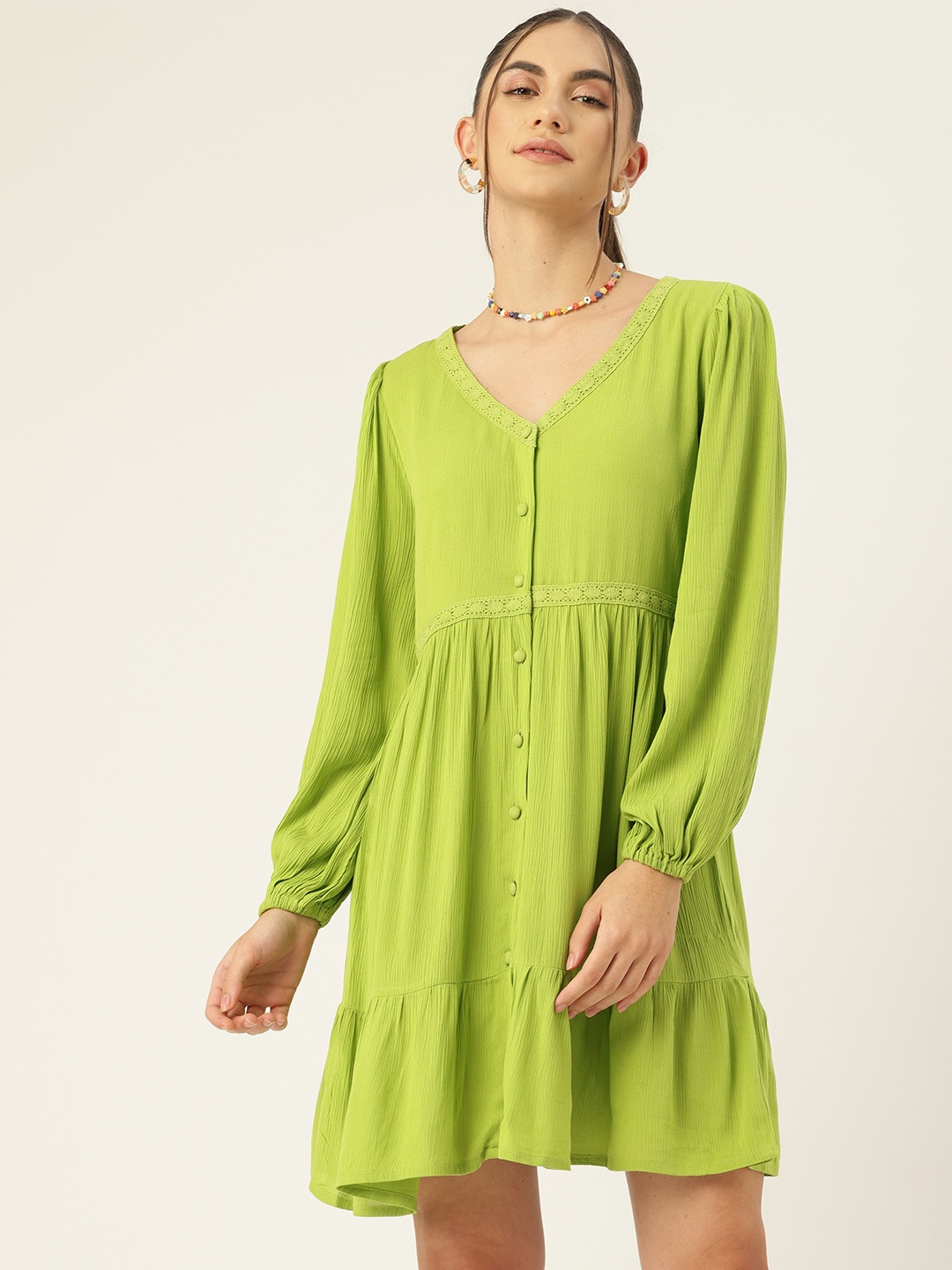 

DressBerry Green Puff Sleeves A-Line Dress