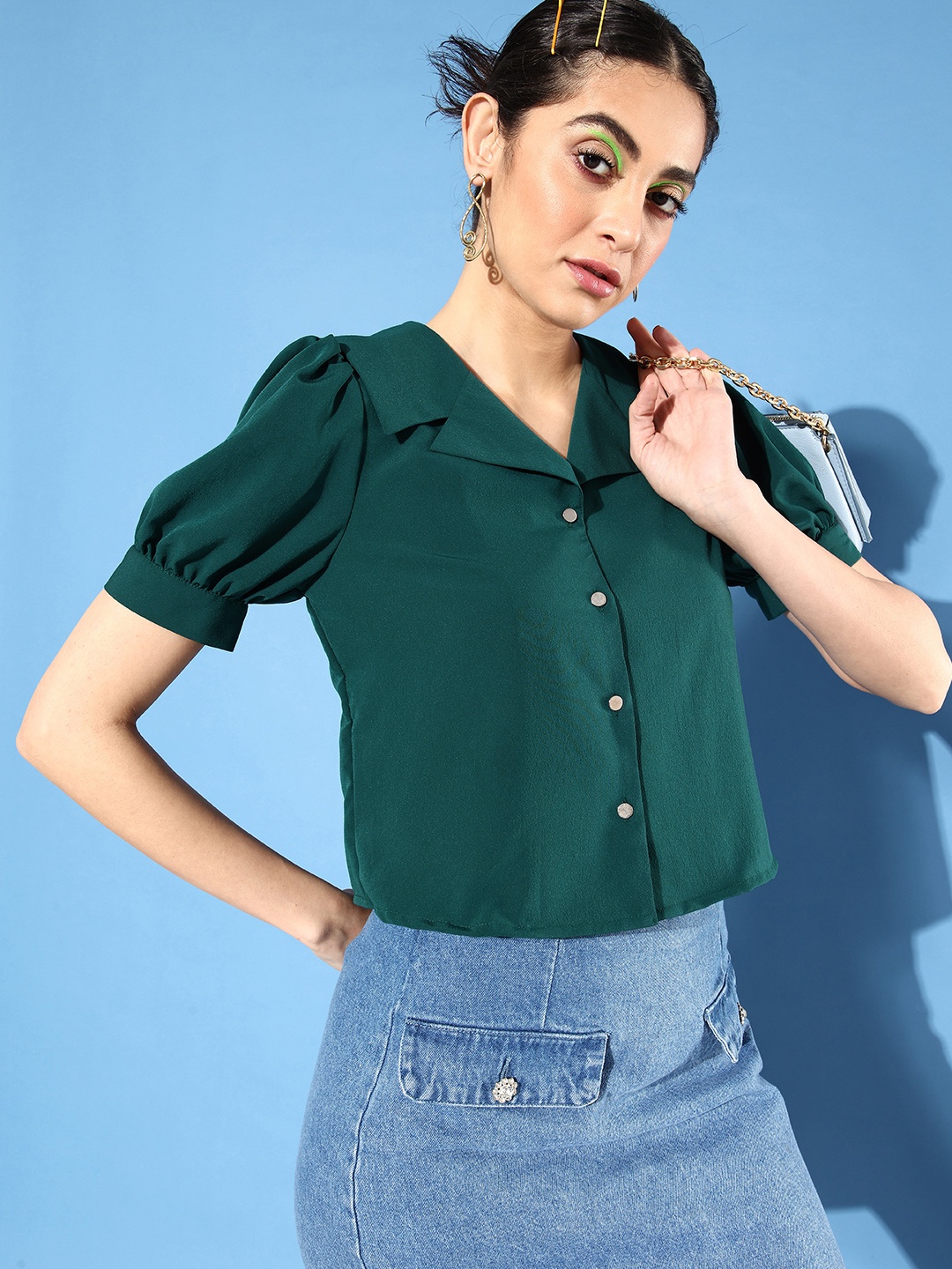 

4WRD by Dressberry Women Teal Green Solid Crop Casual Shirt