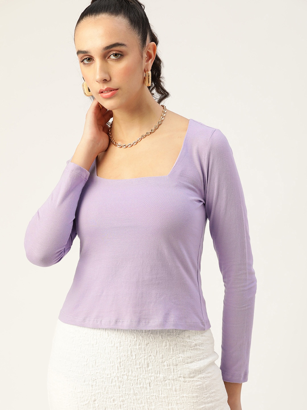 

DressBerry Women Lavender Solid Square Neck Pure Cotton Top