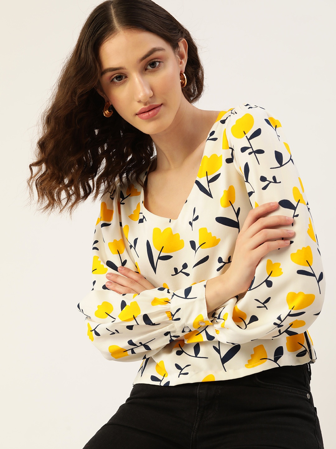 

DressBerry White & Yellow Floral Print Top