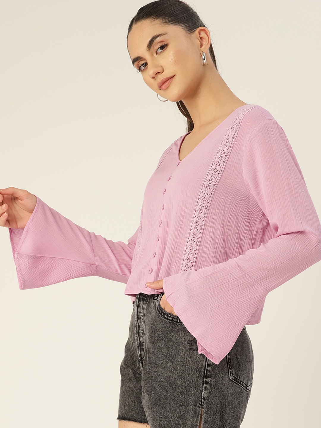 

DressBerry Lavender Self Design Lace Inserts Flared Sleeves Top