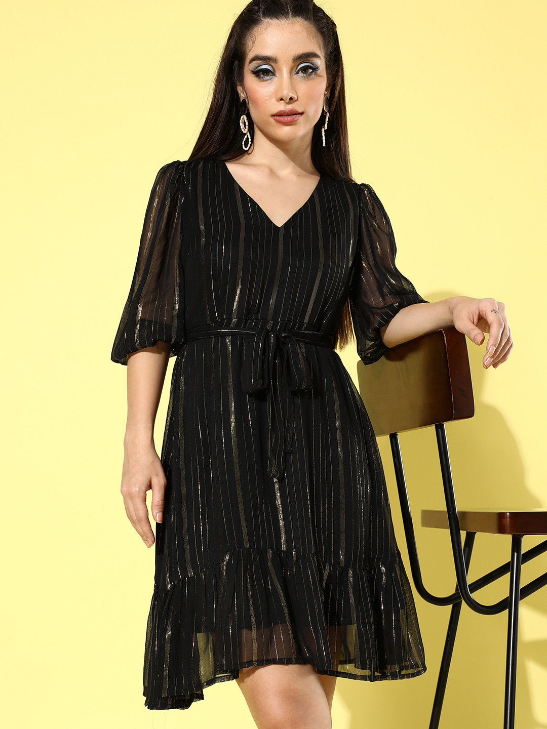 

DressBerry Black Striped Fit & Flare Dress