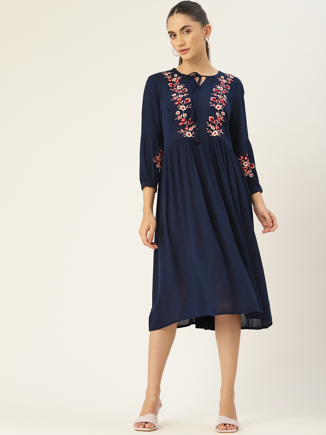 

DressBerry Navy Blue Floral Embroidered Tie-Up Neck A-Line Dress
