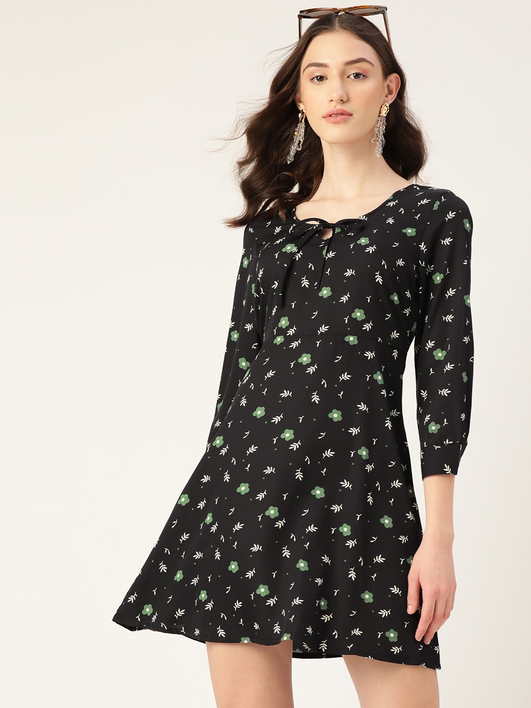 

DressBerry Floral Print Tie-Up Neck Mini Dress, Black