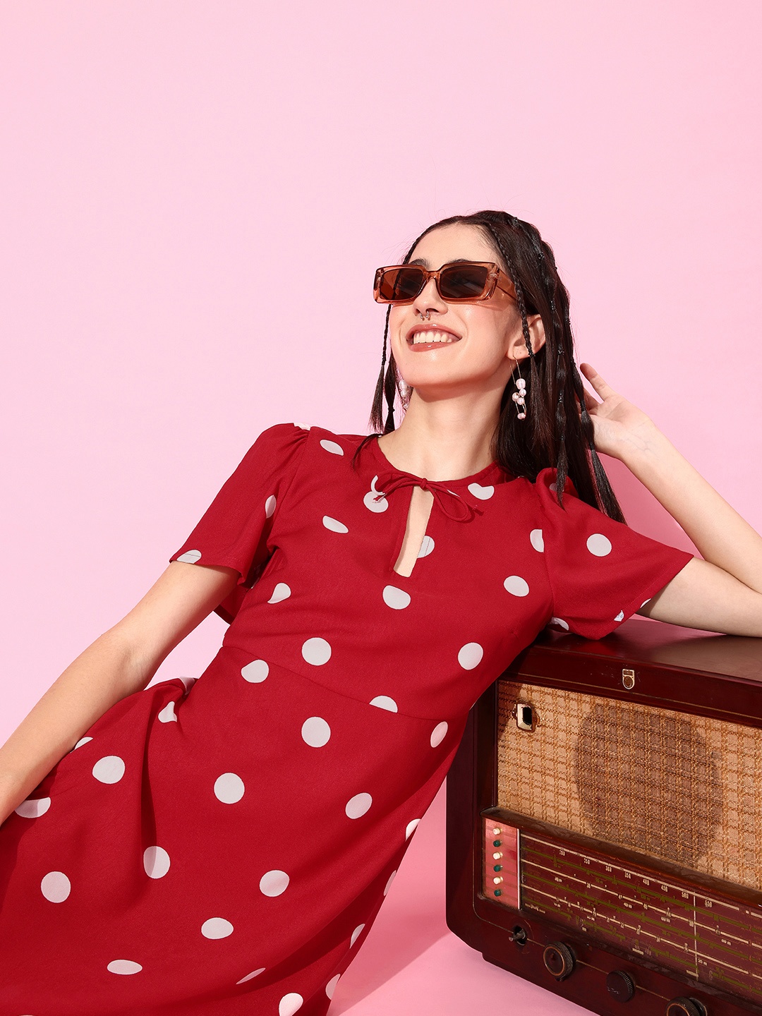 

4WRD by Dressberry Red & White Polka Dots Print Tie-Up Neck Flared Sleeves Fit & Flare Dress