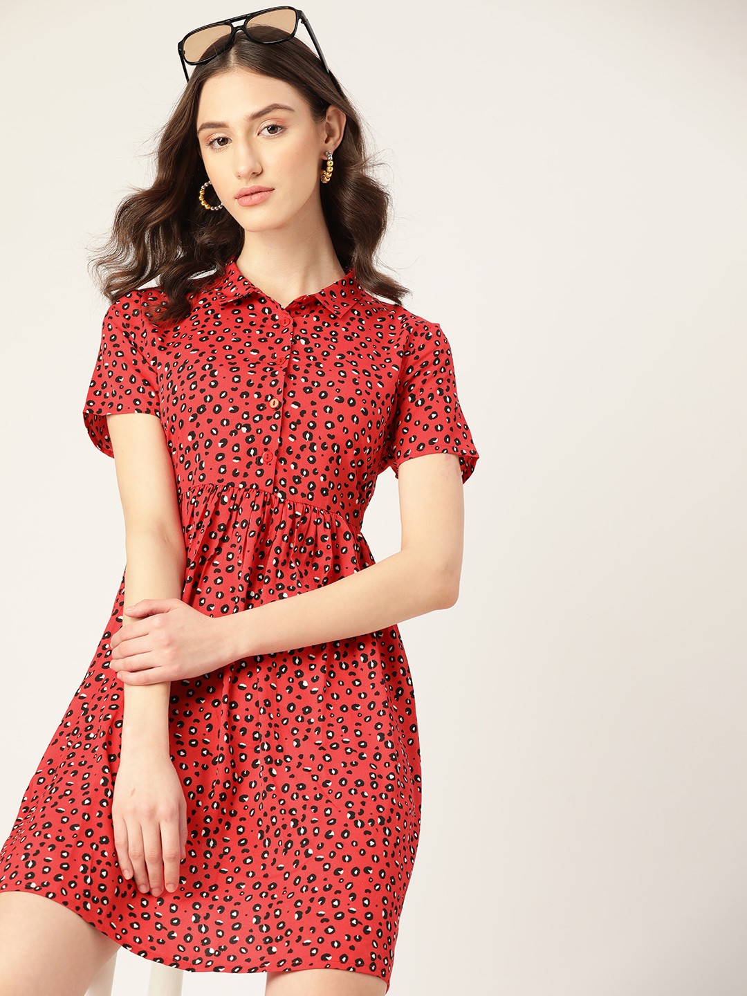 

DressBerry Animal Print Shirt Mini Dress, Red
