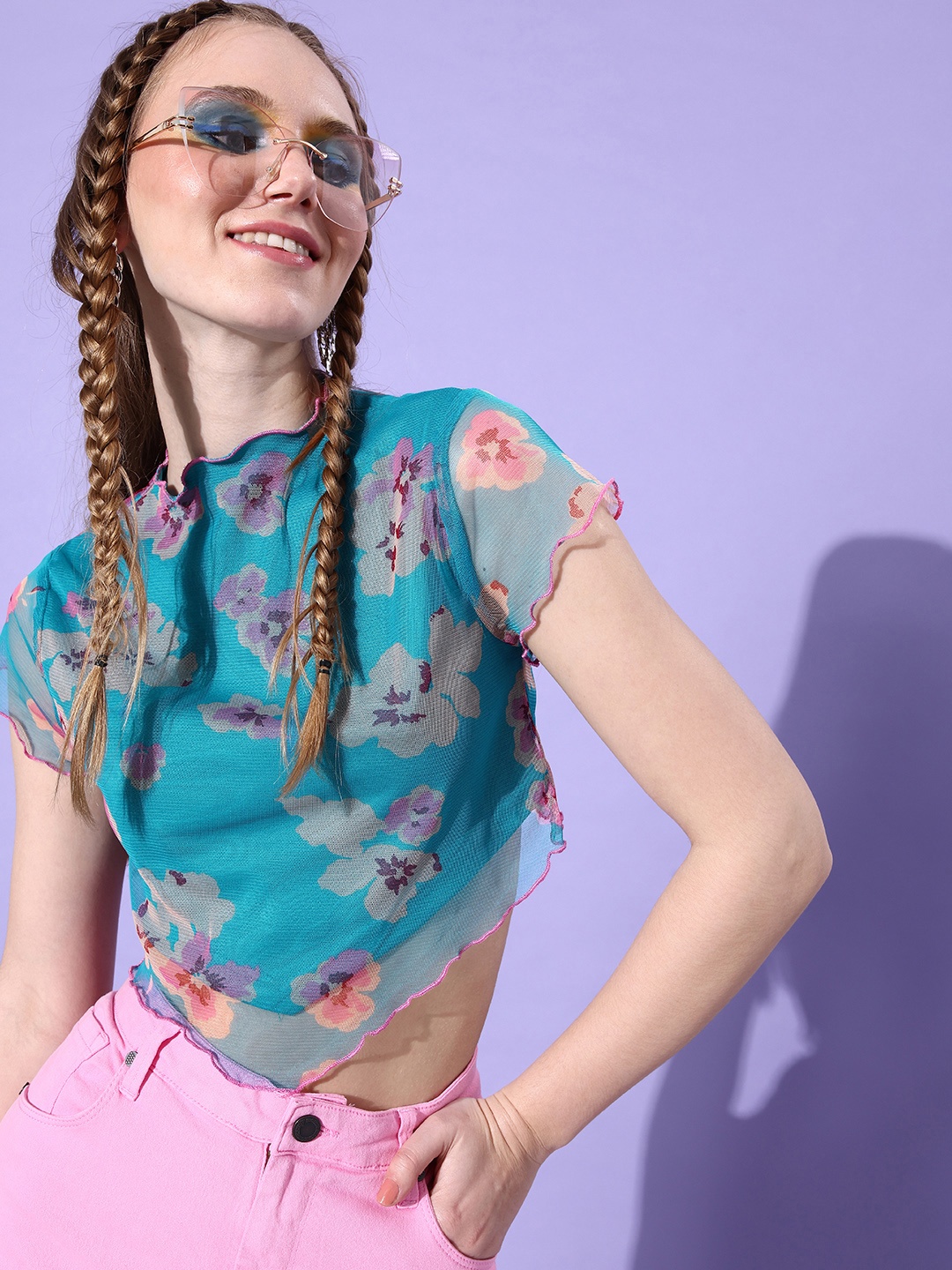 

4WRD by Dressberry Ocean Blue Floral Print Emo 2.0 Such A Mesh Crop Top