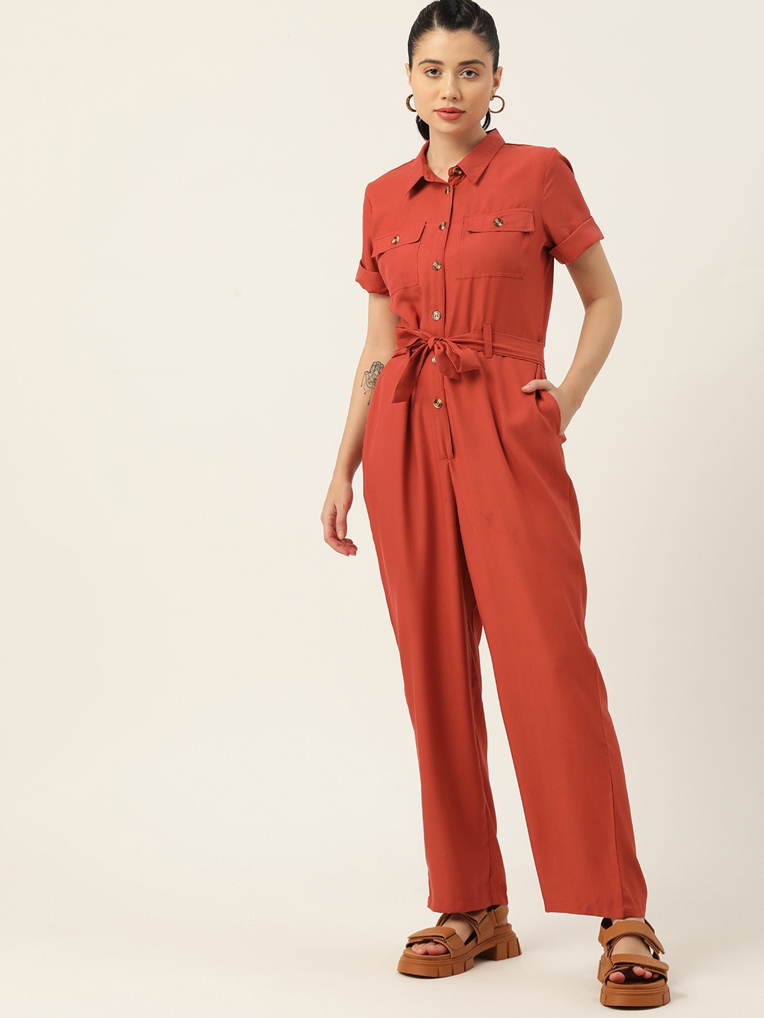 

DressBerry Rust Orange Solid Basic Jumpsuit With Tie-Up Belt