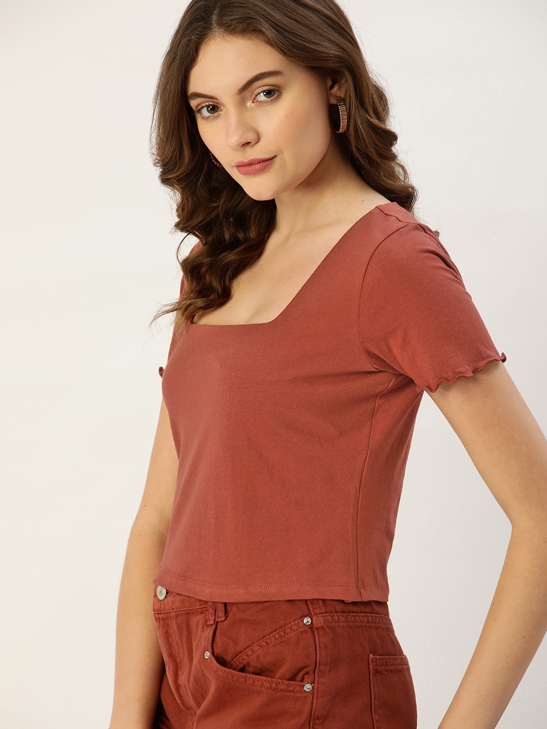 

DressBerry Rust Red Pure Cotton Solid Top