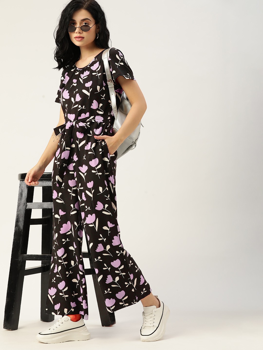 

DressBerry Women Black & Lavender Floral Printed Basic Jumpsuit