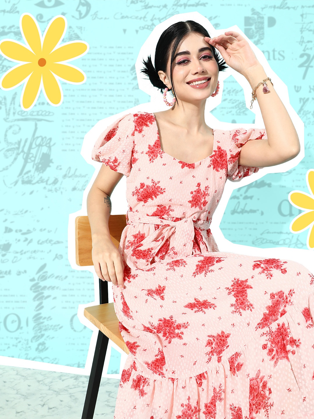 

DressBerry Floral Print Fit & Flared Midi Dress, Pink