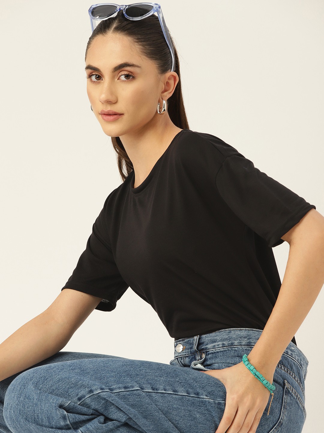 

DressBerry Women Black Drop-Shoulder Sleeves T-shirt