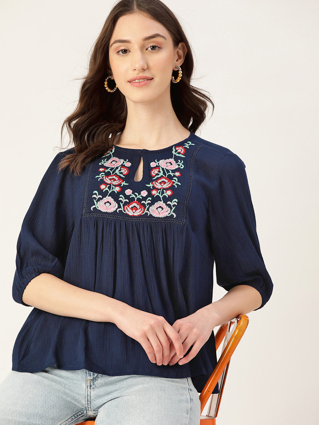 

DressBerry Floral Embroidered Keyhole Neck Top, Navy blue