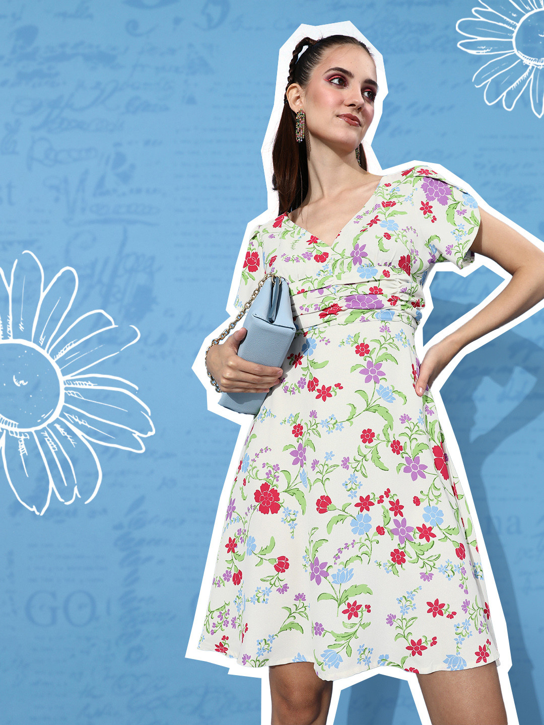 

4WRD by Dressberry White & Purple Floral Print Pleated A-Line Dress