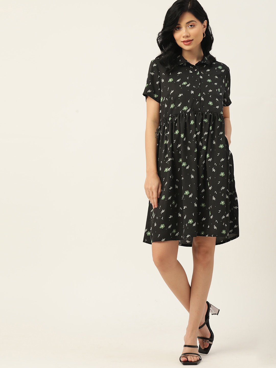 

DressBerry Black & Green Floral Printed A-Line Dress