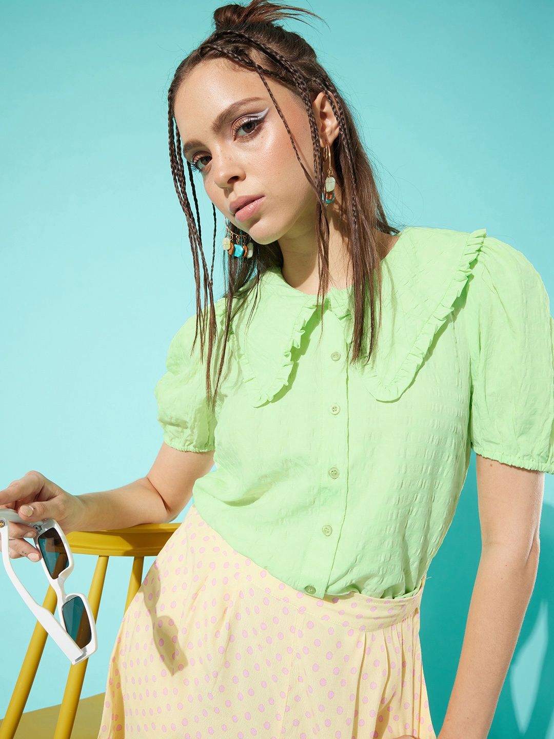 

DressBerry Women Green Textured Statement Collar Shirt