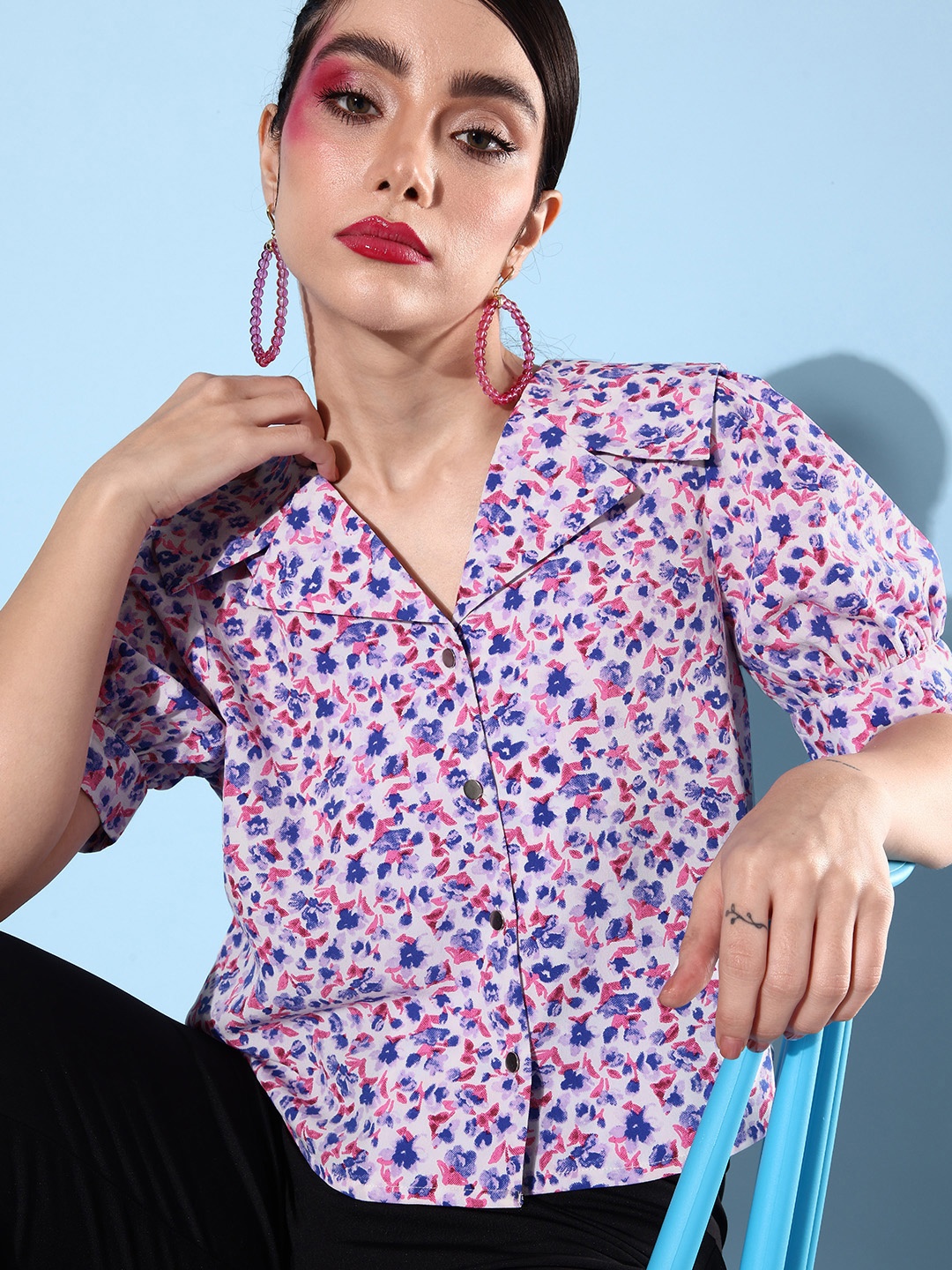 

DressBerry Women Floral Printed Puff Sleeves Casual Shirt, White