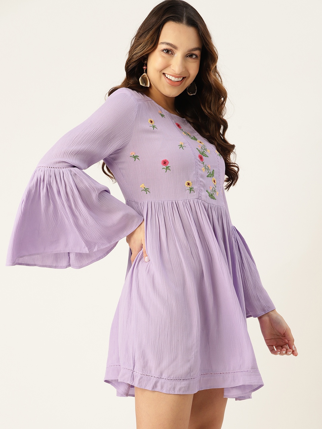 

DressBerry Floral Embroidered Lace Inserts Bell Sleeves A-Line Dress, Lavender