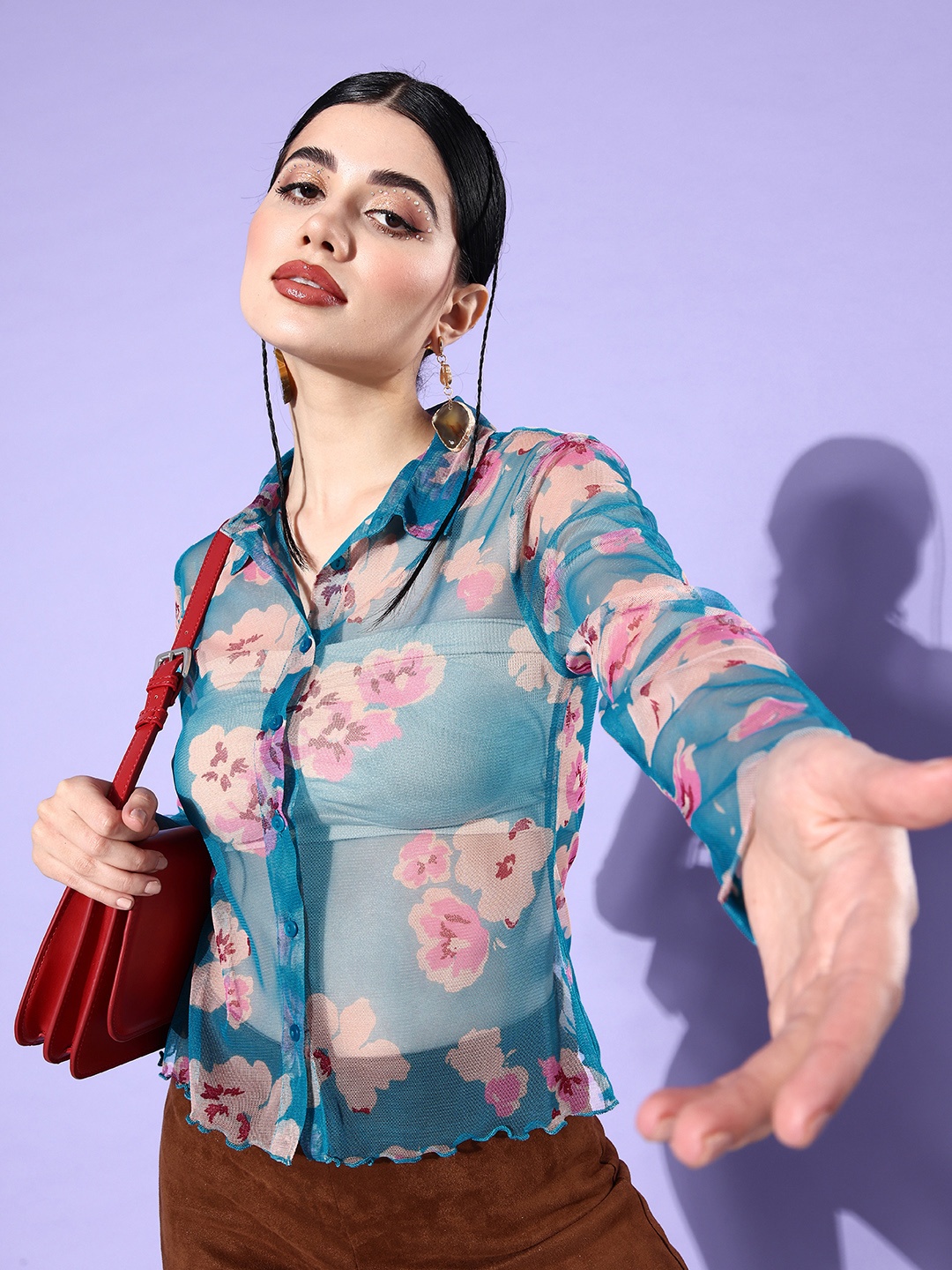 

DressBerry Glam Women Magical Blue & Pretty Pink Floral Printed Such a Mesh Casual Shirt