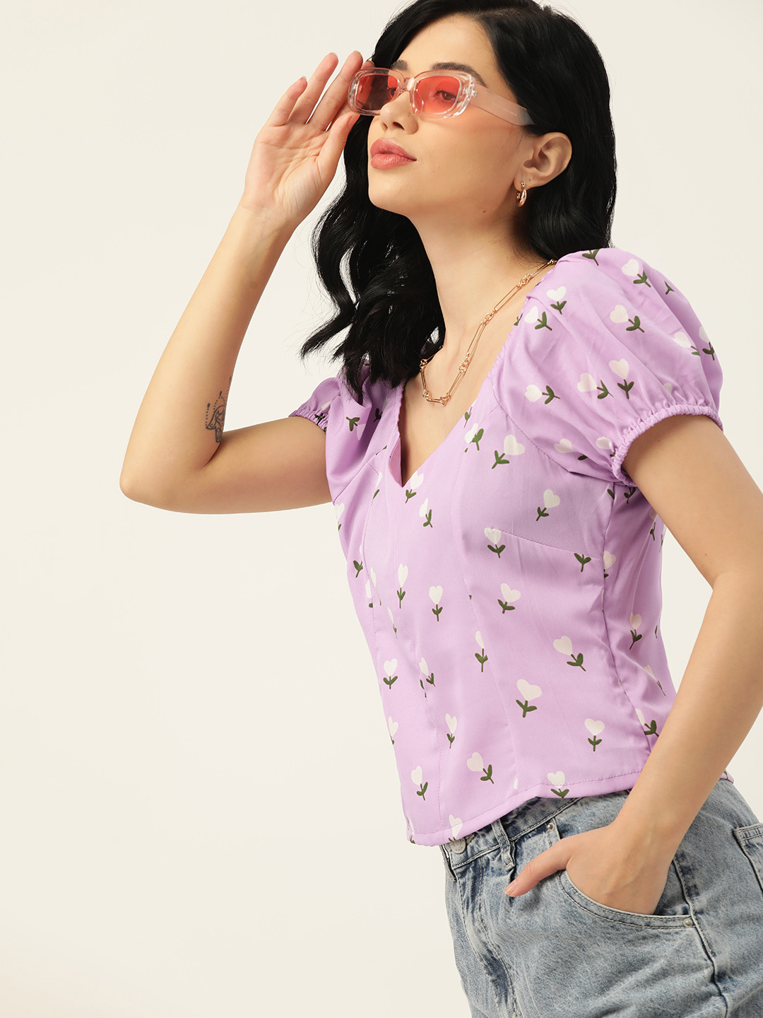 

DressBerry Lavender & Green Floral Print Sweetheart Neck Regular Top