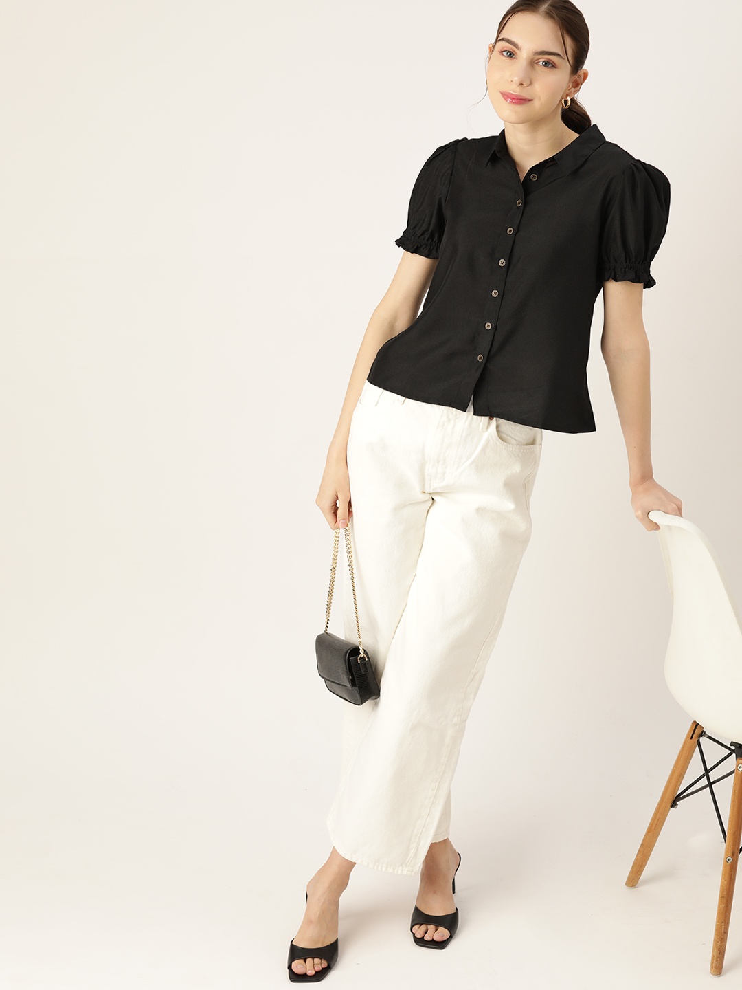 

DressBerry Solid Puff Sleeves Shirt, Black