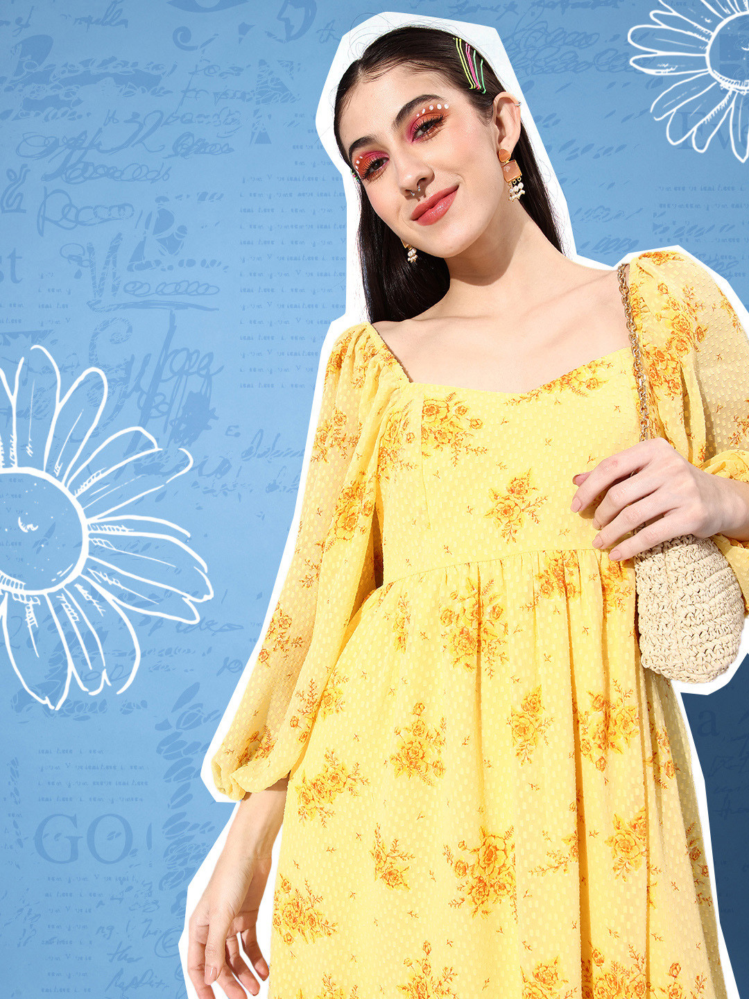 

DressBerry Floral Fit & Flare Dress, Yellow